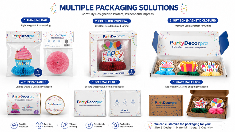 Various customizable honeycomb decoration packaging options, including bags, color boxes, gift boxes, and mailer boxes for celebrations.