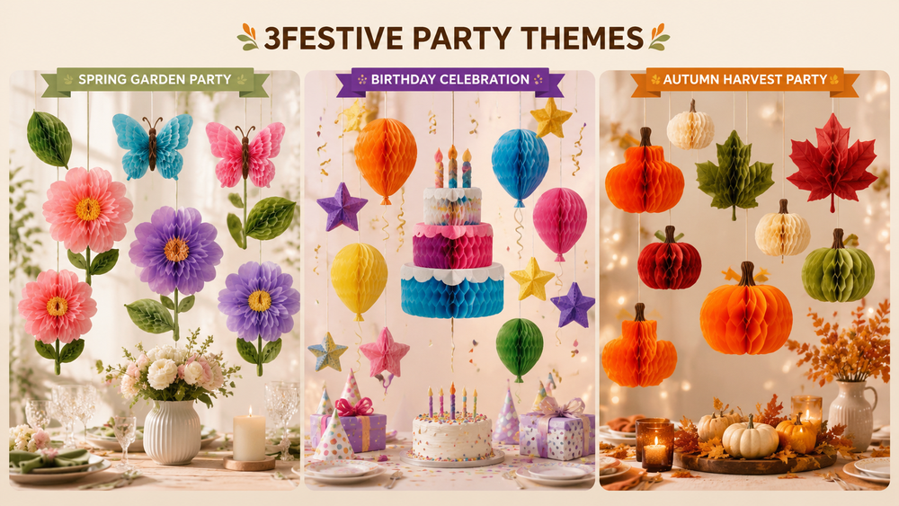 Three themed party setups with honeycomb decorations for spring, birthday, and autumn celebrations.