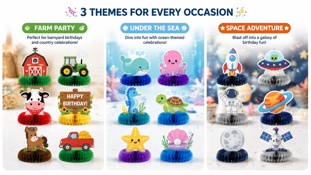 Colorful honeycomb paper decorations for birthdays and themed parties, easy to install and eco-friendly.
