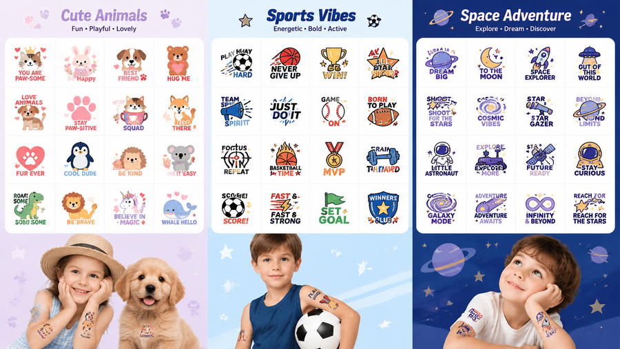 Creative kids’ themed sticker sheets featuring Cute Animals, Sports Vibes, and Space Adventure designs, shown with children wearing stickers.