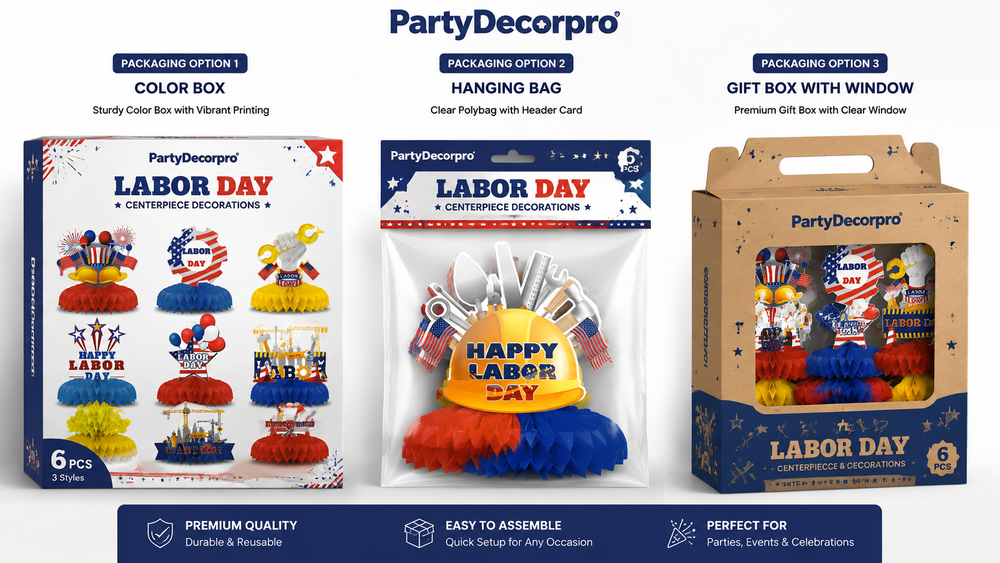 Labor Day centerpiece decorations with three customizable packaging options: color box, hanging bag, and gift box.