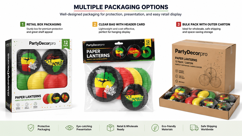 Assorted colored paper lanterns displayed in multiple packaging styles including retail boxes, cylinder tubes, and poly bags for wholesale.