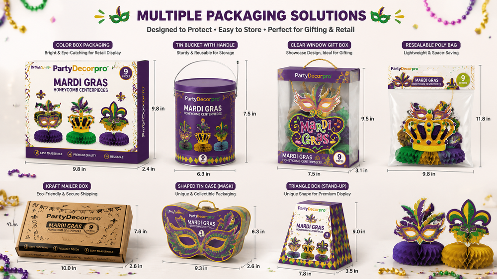Mardi Gras honeycomb centerpieces with multiple packaging options including color box, tin, clear gift box, and poly bag.