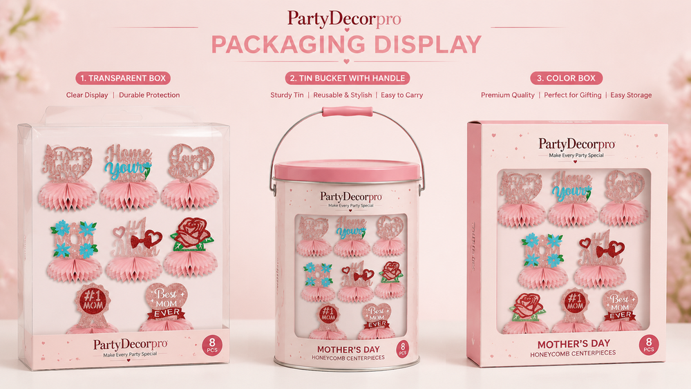 Mother's Day honeycomb decorations in transparent box, tin bucket, and color box packaging, customizable options.