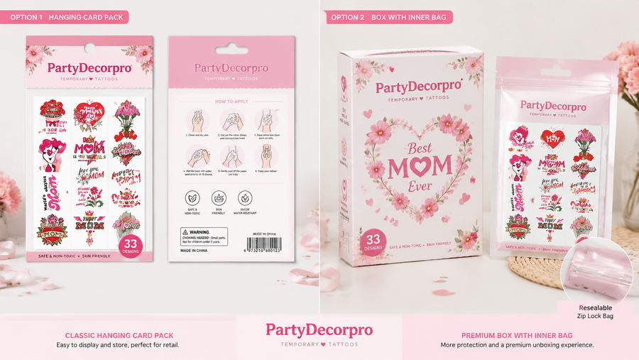 Mother's Day temporary tattoo packaging showing hanging card and inner bag box options with colorful designs.