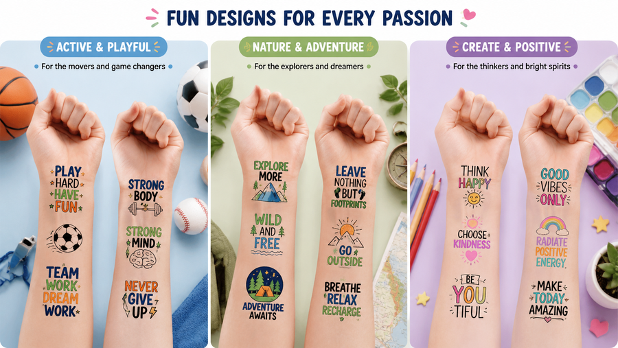 Creative arm temporary tattoos with motivational, fun, and creative themes, colorful and detailed, customizable for education and gifts.