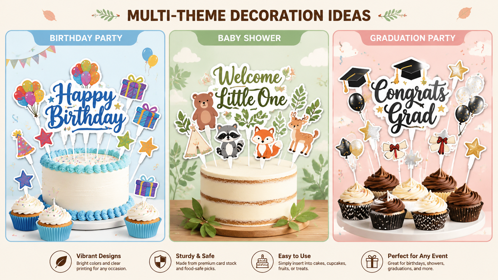 Multi-theme party cake toppers for birthdays, baby showers, and graduations, colorful, safe, and easy to use.
