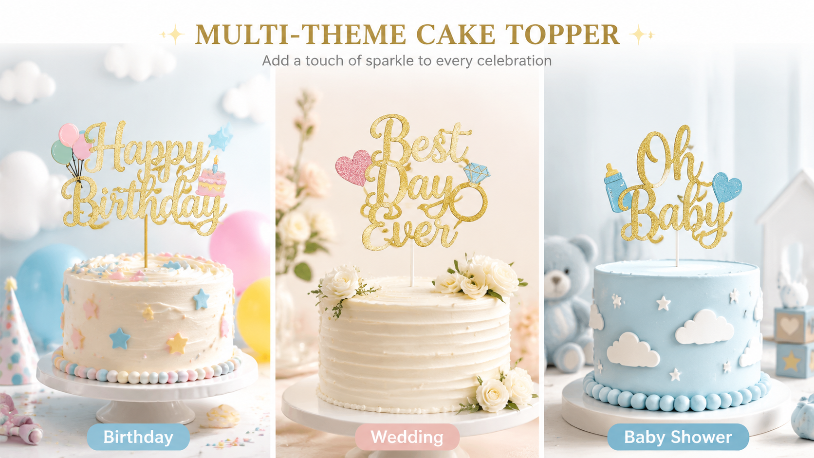 Multi-theme cake toppers for birthday, wedding, and baby shower with gold glitter and pastel decorations