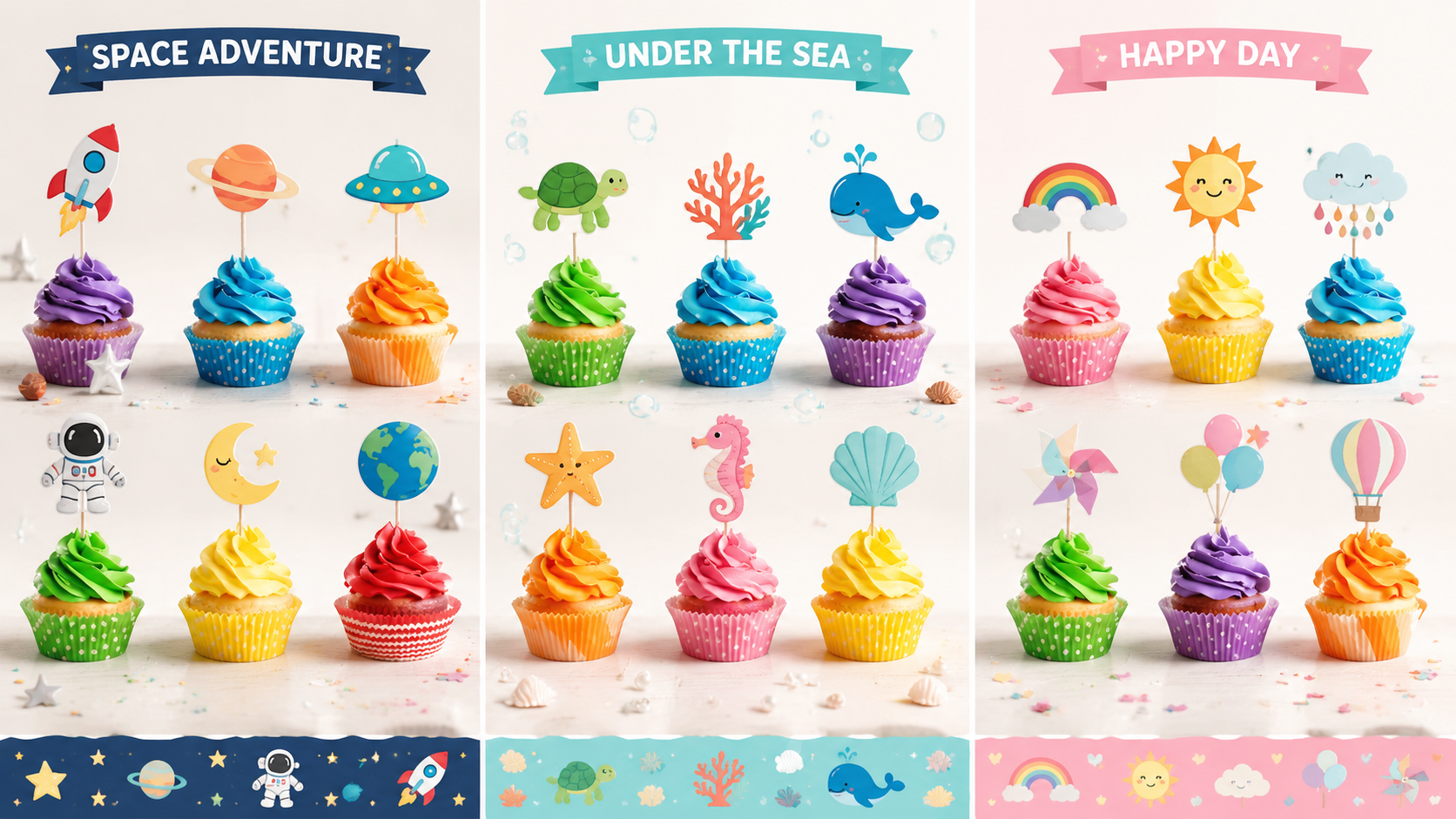 Multi-theme colorful cupcake toppers for birthday, space, and sea party decorations.