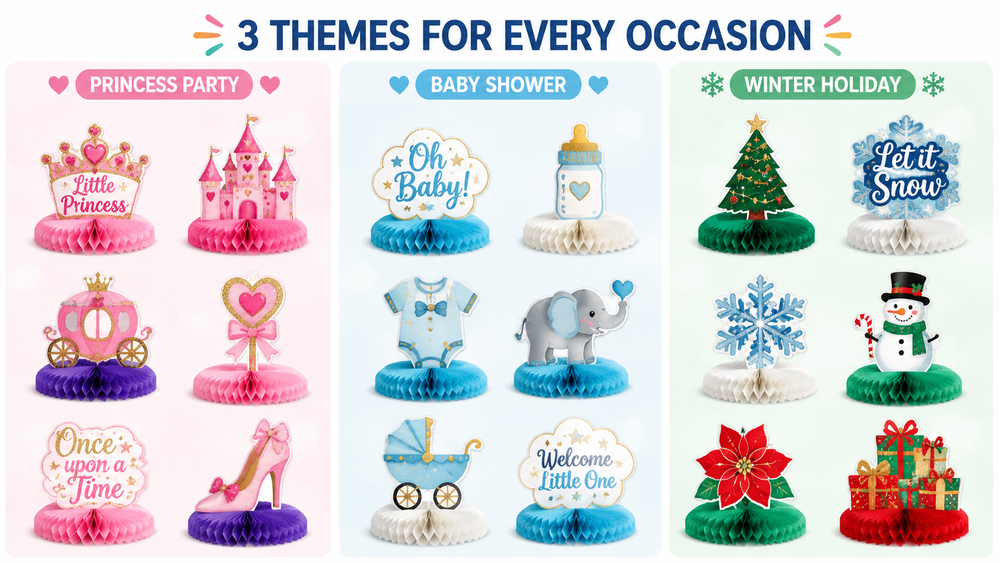 Multi-theme honeycomb paper decorations for birthdays, baby showers, and holidays, easy to assemble and eco-friendly.