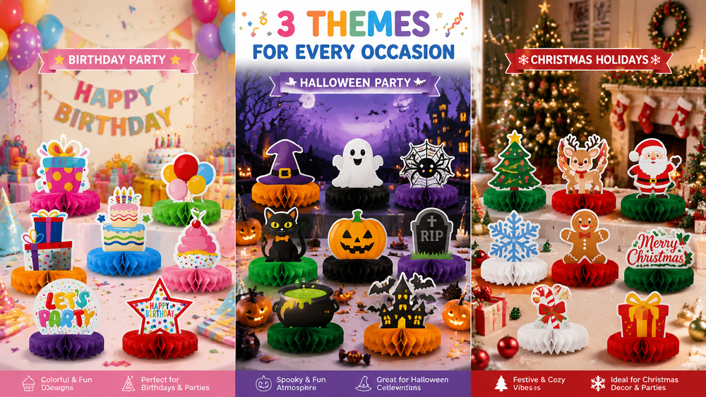 Multi-theme honeycomb party decorations for birthdays, Halloween, and Christmas, colorful, detailed, easy to assemble, and eco-friendly.