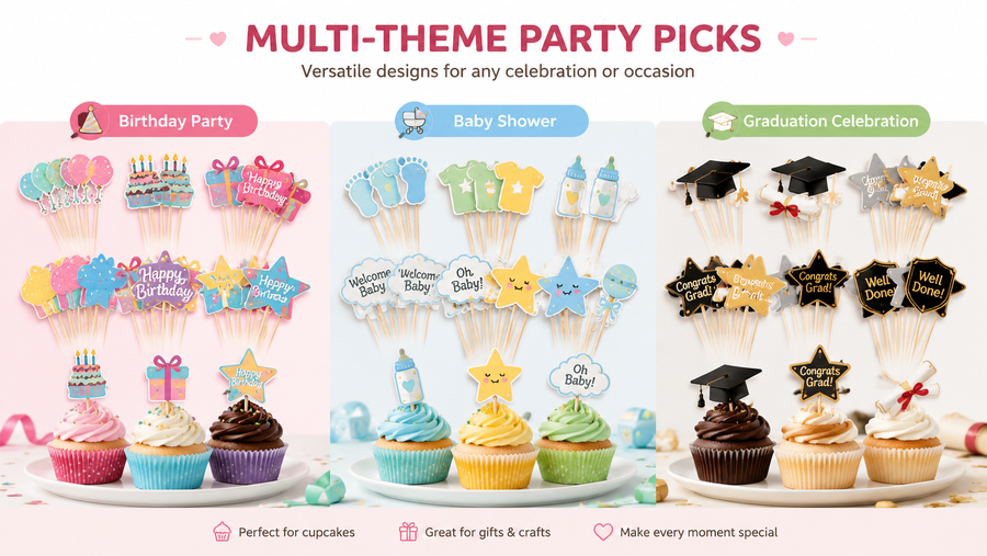 Multi-theme party cupcake toppers for birthdays, baby showers, and graduations on wooden sticks, vibrant and festive.