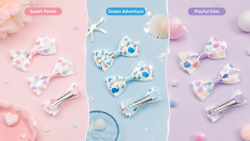 Multi-themed hair bows in Sweet Pastel, Ocean Adventure, and Playful Dots designs, displayed on pastel backgrounds.