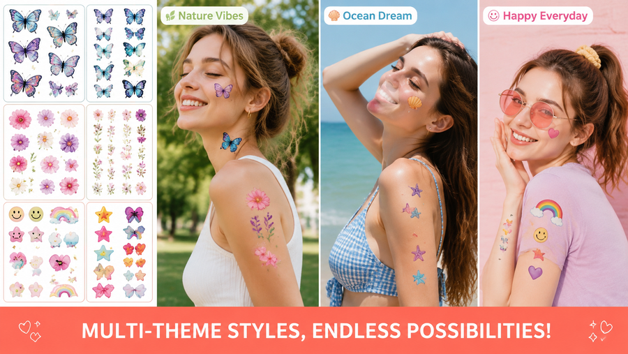 Multi-theme sticker sets with butterflies, flowers, and rainbow designs applied as temporary tattoos on smiling models.
