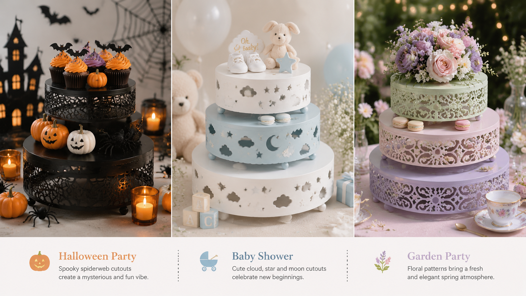 Three themed multi-tier metal cake stands for Halloween, baby shower, and garden parties with elegant cutout designs.
