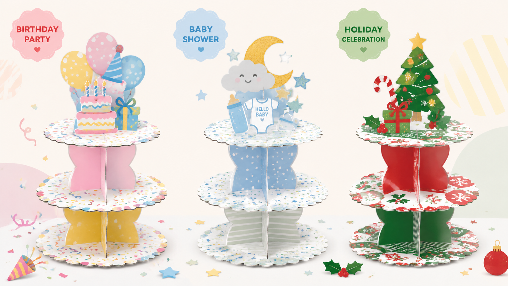 Multi-tiered party and holiday themed cake stands with colorful decorations and festive designs