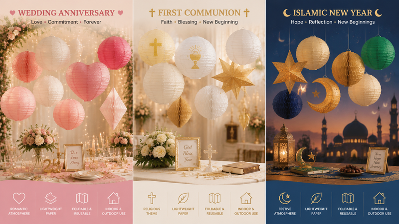 Assorted paper lanterns for wedding anniversary, Corpus Christi, and Islamic New Year celebrations, various shapes and colors.