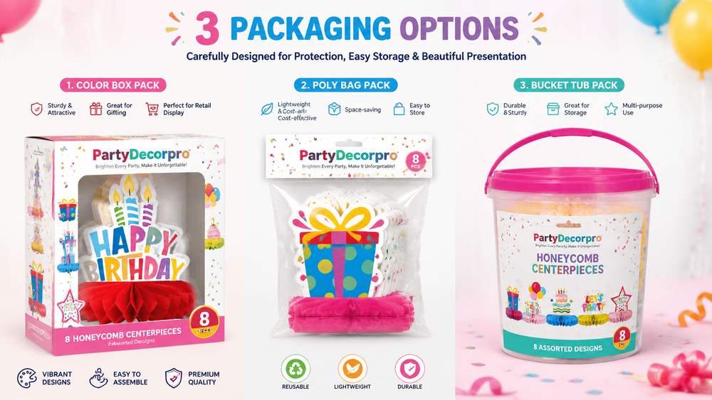 Diverse party centerpiece packaging options including color box, poly bag, and bucket tub with festive designs.