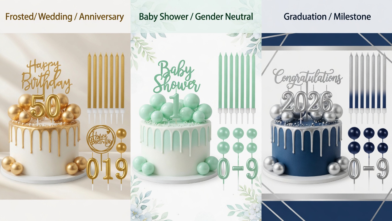 Three themed party decoration sets in gold wedding anniversary, mint green baby shower, and navy graduation styles showing customizable cake toppers, candles, and balloons