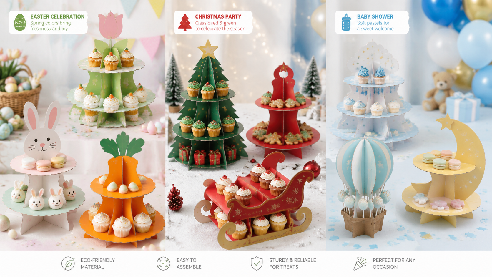 Versatile themed cupcake stands for Easter, Christmas, and Baby Shower parties, easy to assemble and display treats.