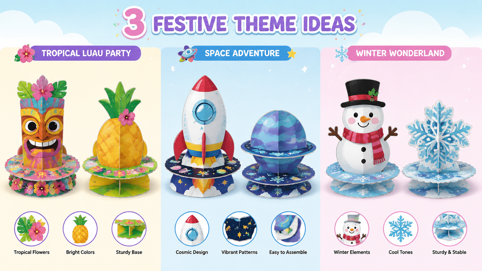 Festive themed paper decor stands for parties with bright colors, sturdy design, and easy assembly.