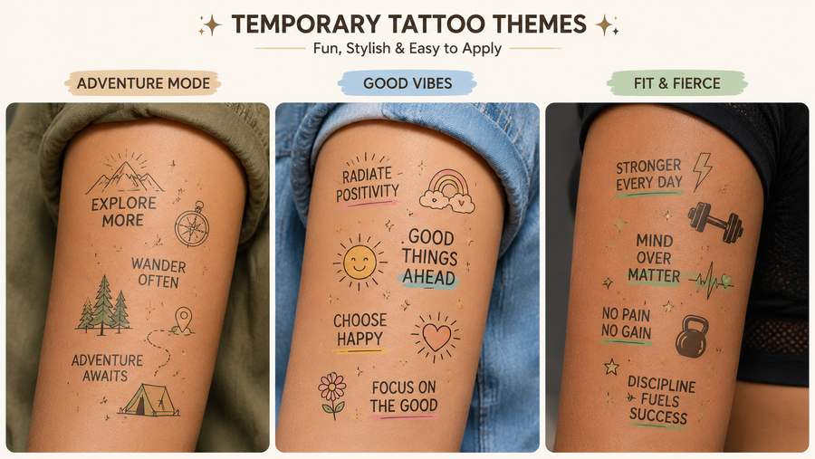 Colorful temporary tattoos on arm with birthday and party slogans, easy to apply and customizable.