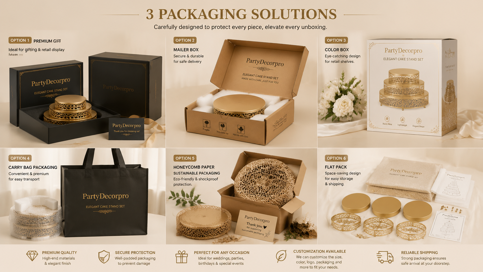 Variety of premium cake stand packaging options, customizable for size, material, color, and tiers, perfect for enhancing brand presentation.