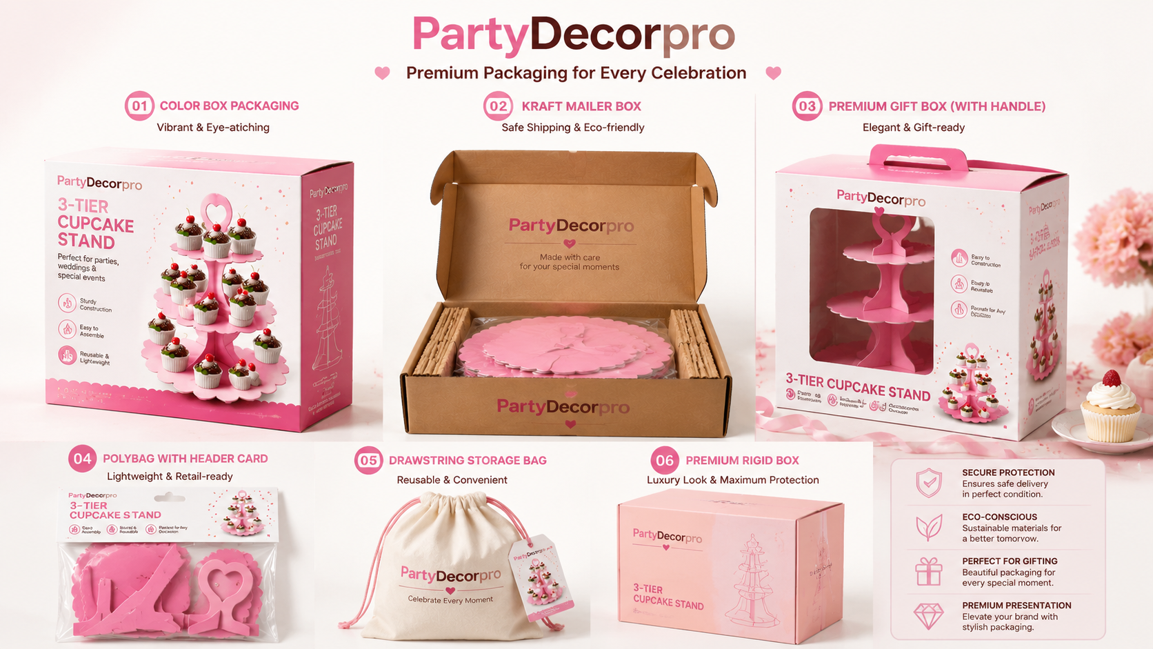 Multiple premium cupcake stand packaging options displayed, including color box, kraft mailer, drawstring bag, polybag, and rigid gift box.