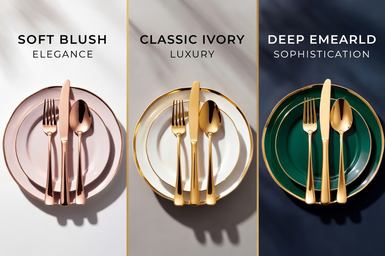 Three elegant customizable tableware sets in soft blush rose gold, classic ivory gold, and deep emerald luxury styles with gold-rimmed plates and cutlery