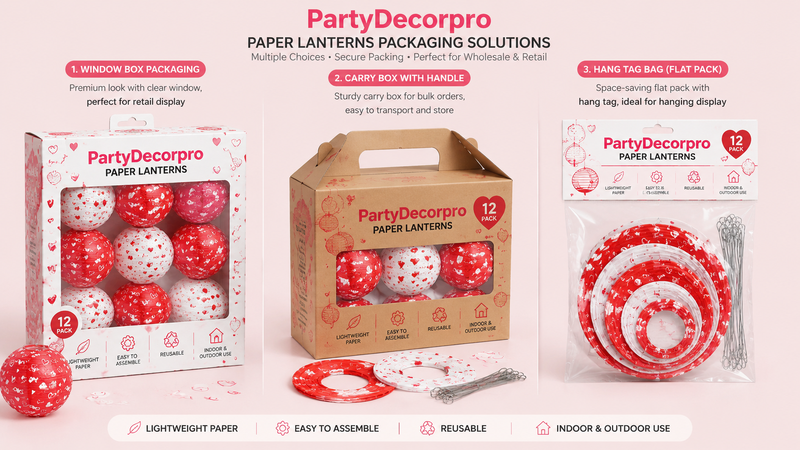 Red and white paper lantern packaging options for retail and wholesale display.