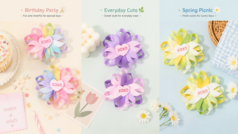 Colorful ribbon hair bows for birthday, everyday, and spring picnic themes, customizable for various occasions.