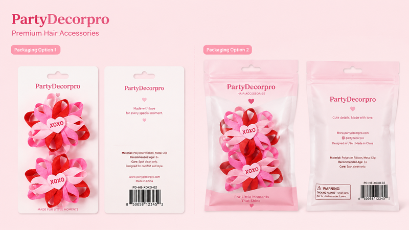 Ribbon hair clips packaging with heart motifs, two display styles, custom branding options