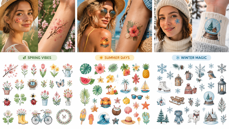 Seasonal stickers collection with spring, summer, and winter themes for customizable decoration