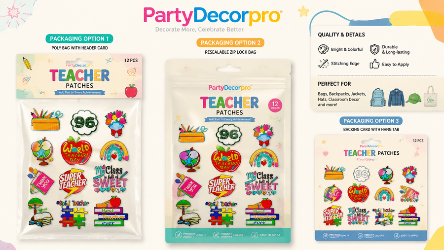 Teacher-themed patches in three packaging options: poly bag, zip lock bag, and backing card, colorful and customizable.