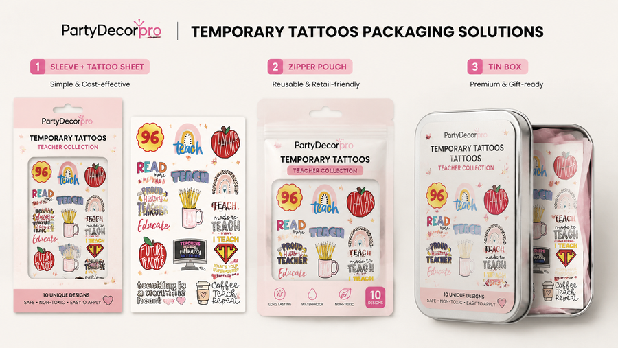 Teacher-themed temporary tattoo packaging in sleeve, zipper pouch, and tin box with colorful designs and customizable options