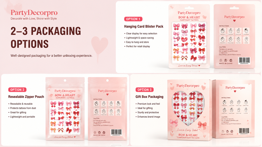 Temporary tattoo packaging options with bows and hearts, customizable and premium display