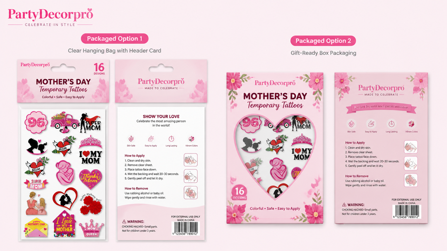Temporary tattoos packaging mockup with two display options, customizable for branding and themes.