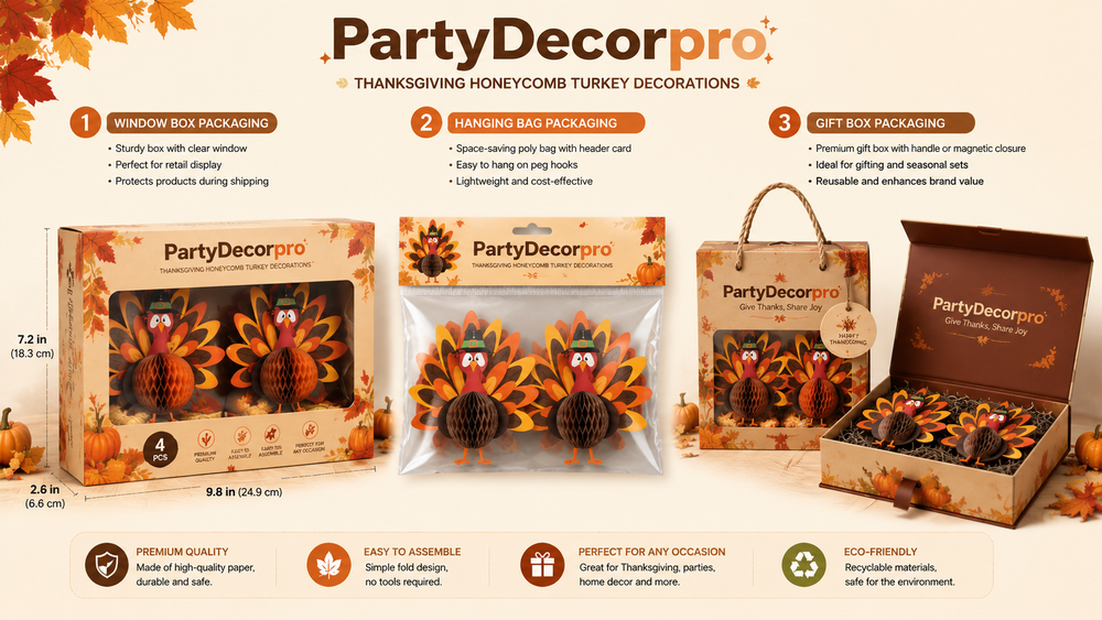 Thanksgiving honeycomb turkey ornaments in multiple packaging styles