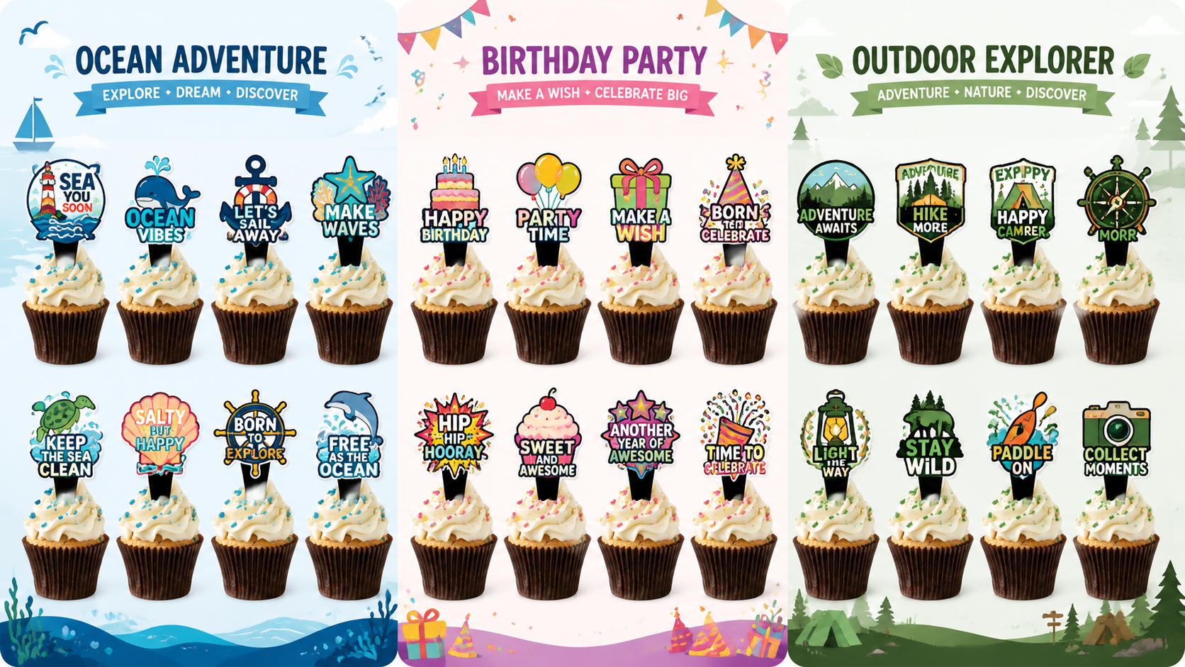 Colorful themed cupcake toppers for birthdays, graduations, and baby showers, customizable for personalized celebrations.