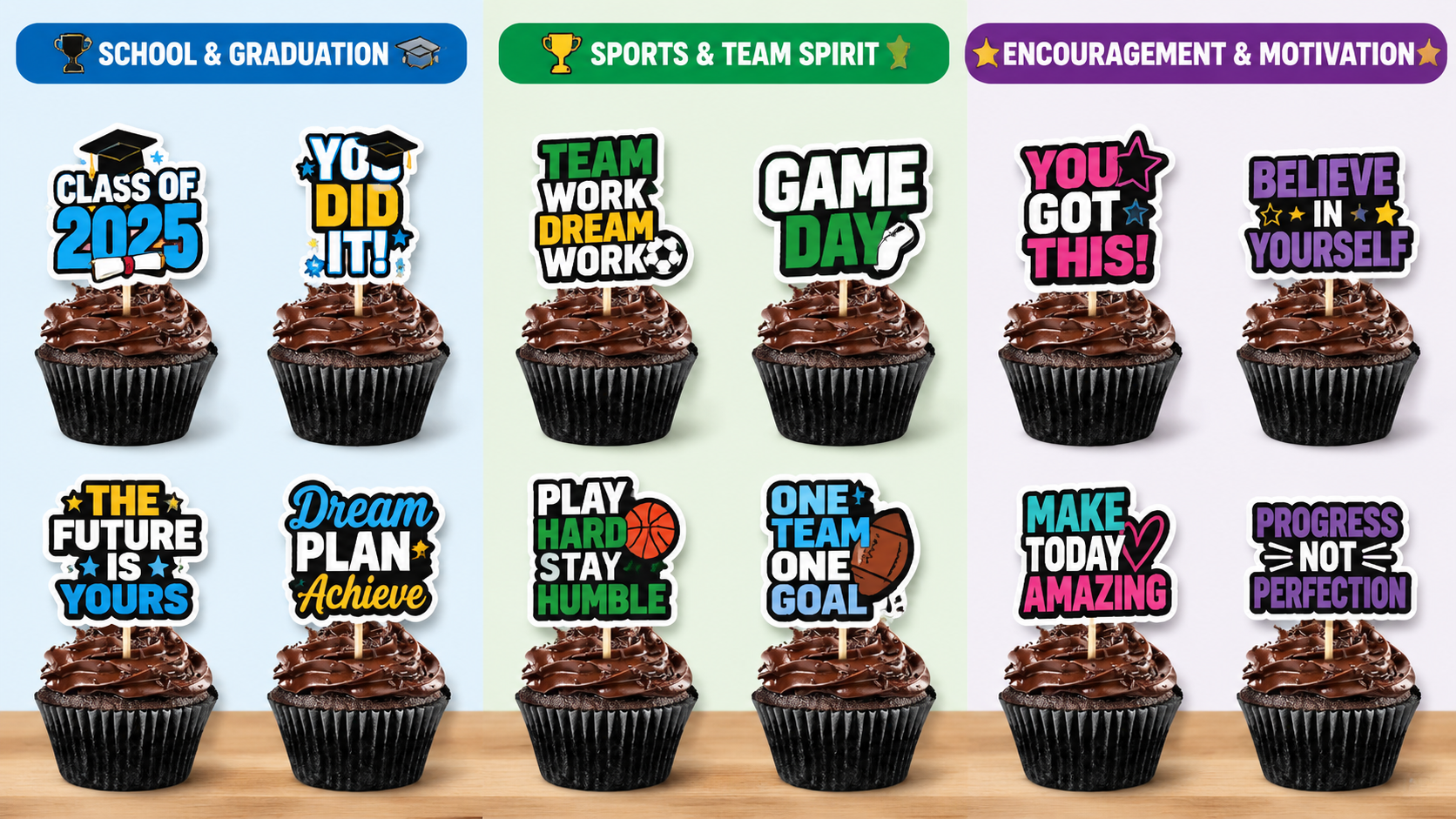 Themed cupcake toppers for parties and celebrations, customizable, colorful and durable