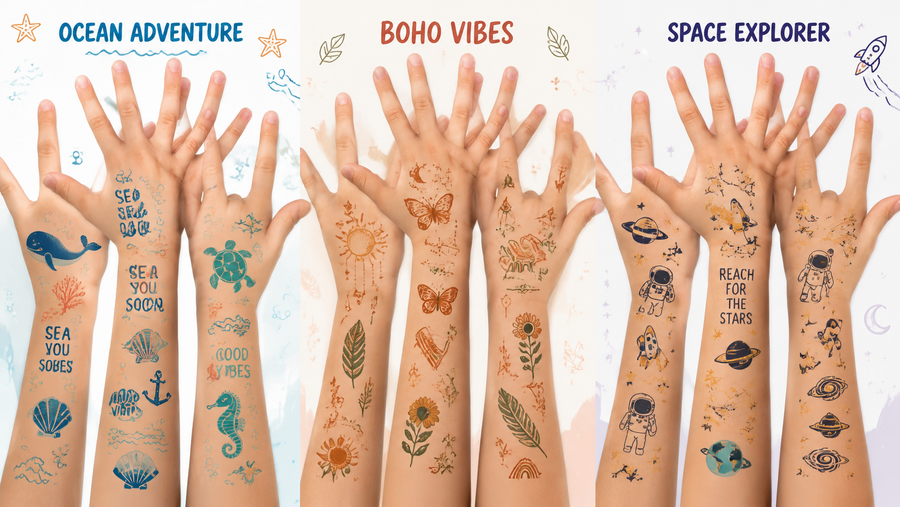 Kids' arms with colorful themed temporary tattoos including hearts, lips, and playful designs, suitable for parties and custom events.