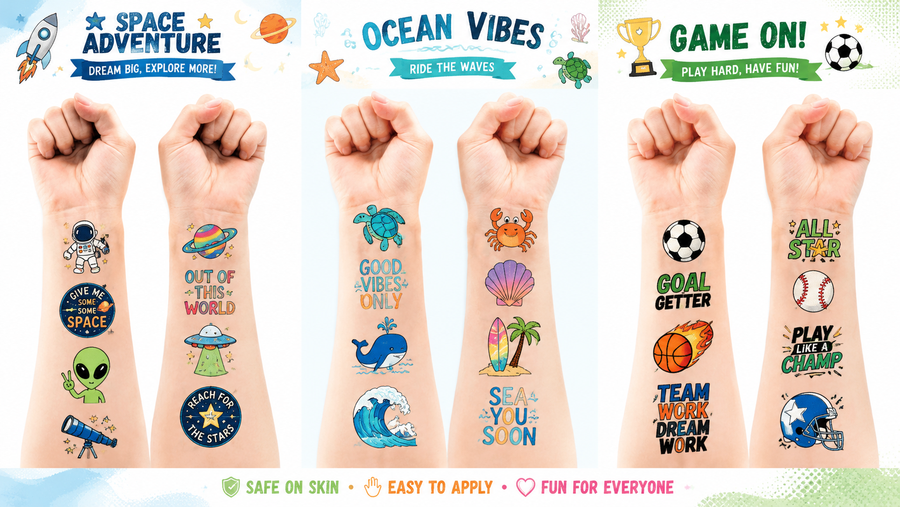 Colorful temporary tattoo sets on arms with space, ocean, and animal themes, fun slogans for kids and teachers.