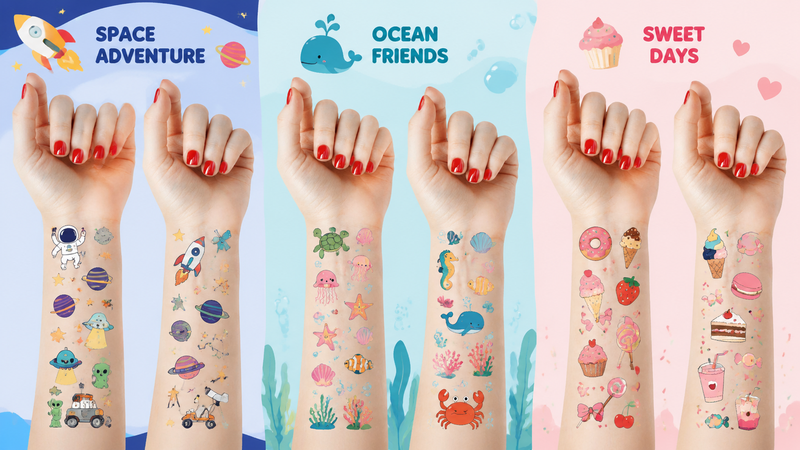 Colorful themed temporary tattoos on forearms showing space, ocean, and dessert designs for customization