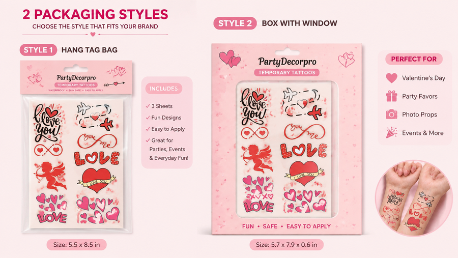 Valentine-themed temporary tattoos in two custom packaging styles for parties and gifts.