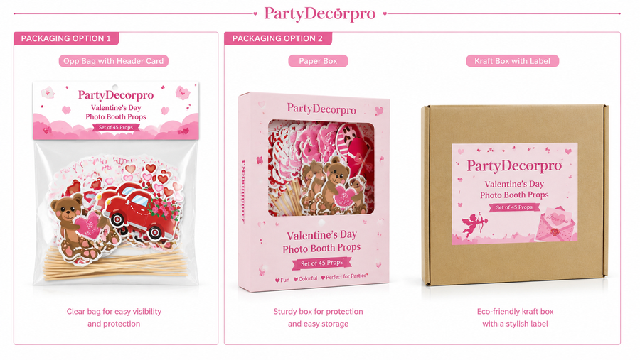 Valentine's Day photo booth props packaging display with multiple customizable options