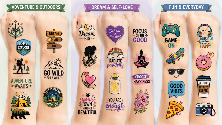 Colorful temporary tattoos on arms with themes of love, self-expression, adventure, and fun, suitable for customization.