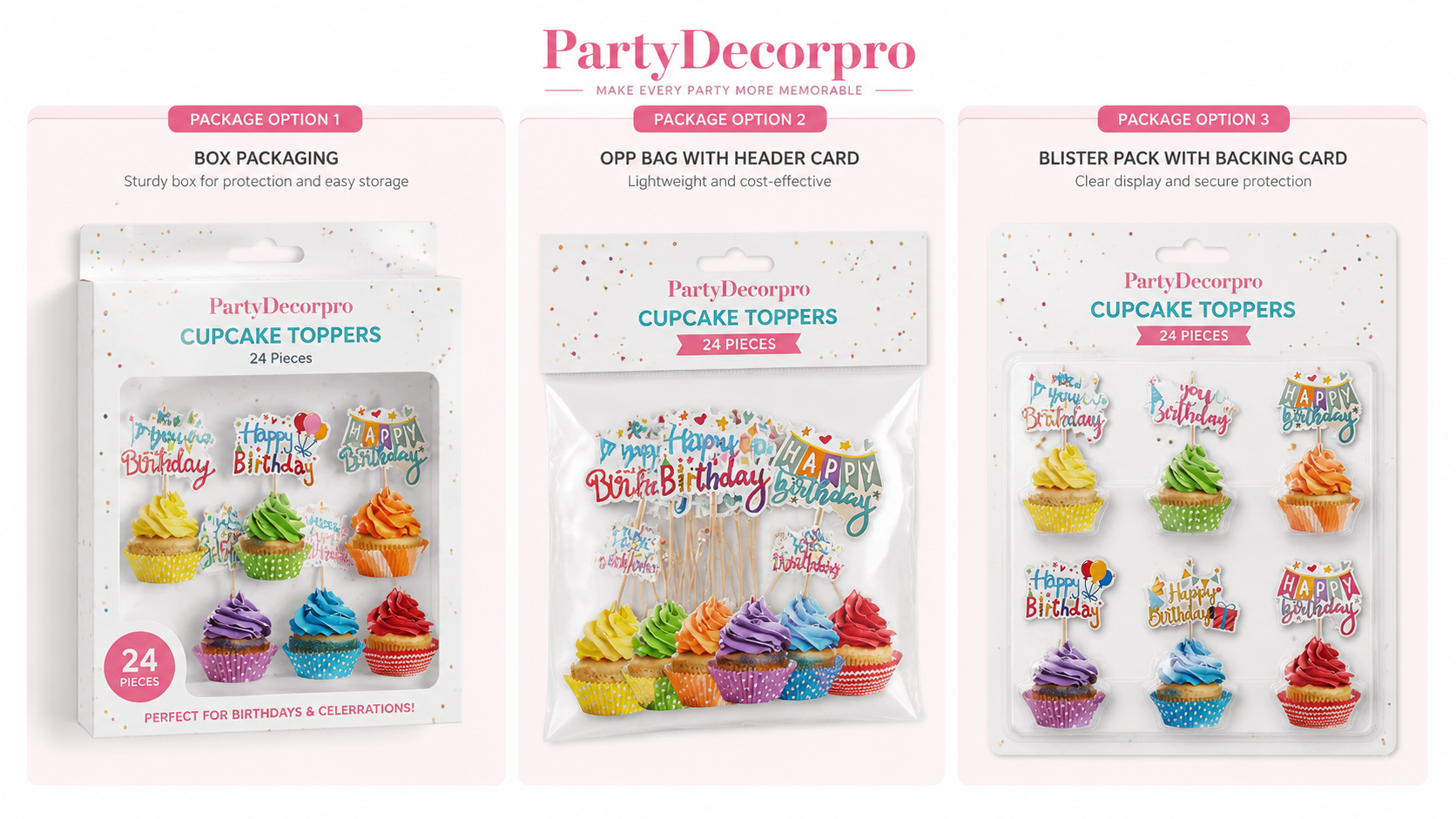 Birthday cupcake topper packaging options, customizable and colorful for parties, showing multiple packaging styles.