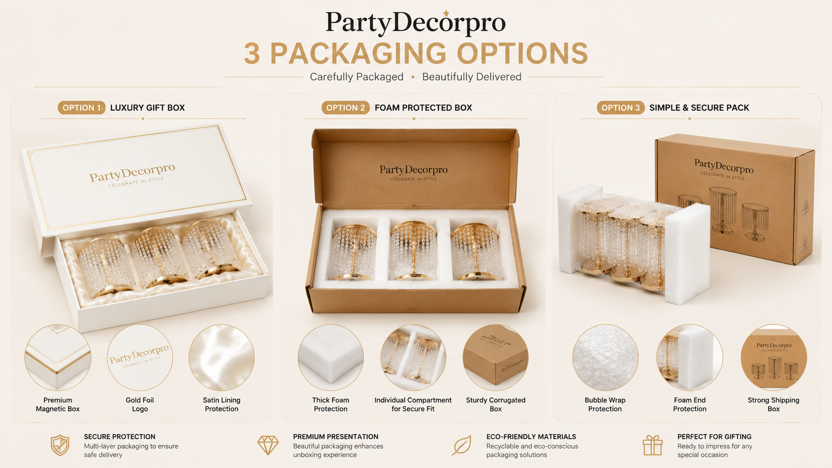 Premium cake stand packaging options with gift boxes, foam protection, and secure shipping for elegant presentation.