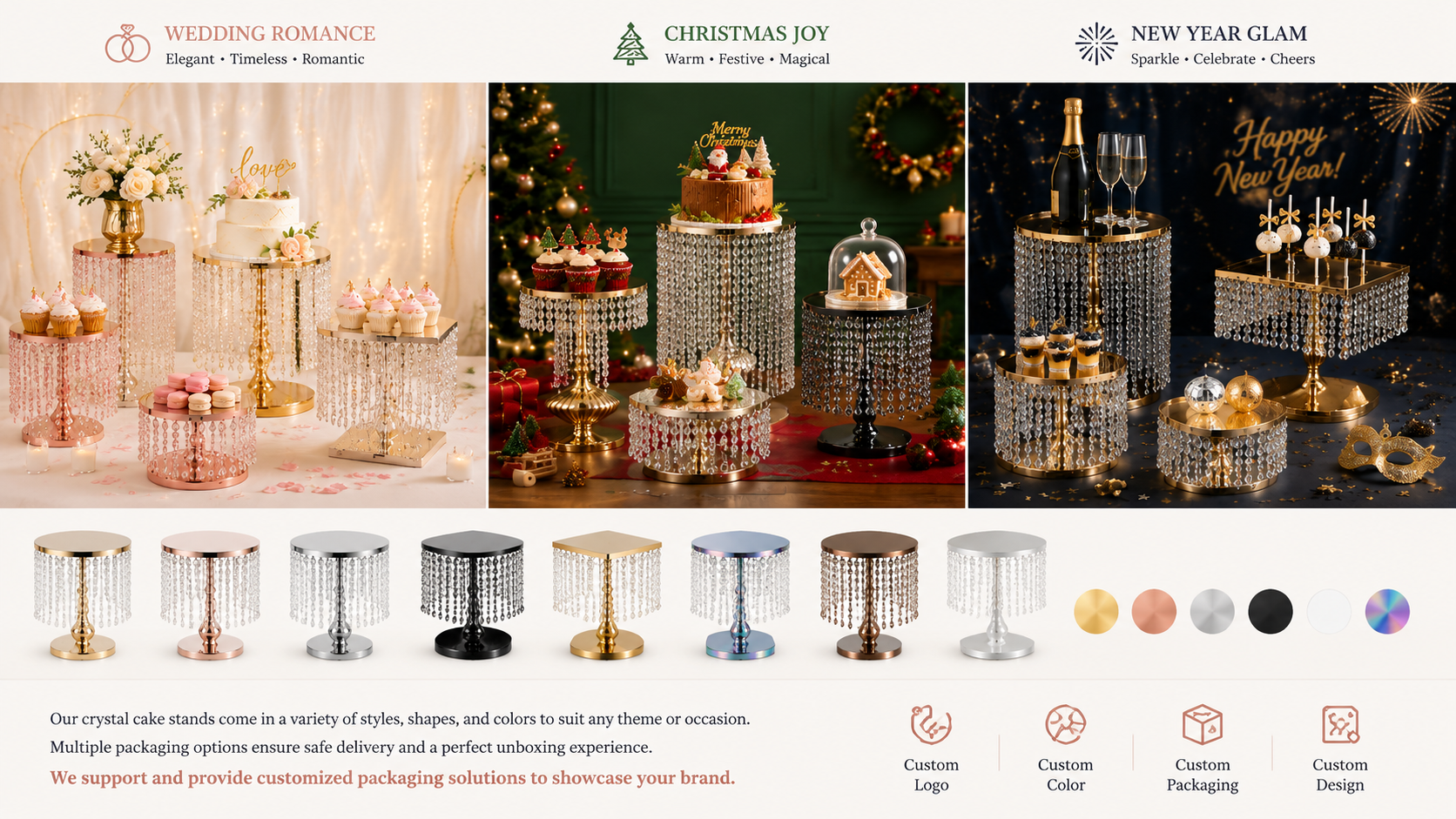 Multi-color crystal cake stands with customized packaging options for weddings, holidays, and party displays.