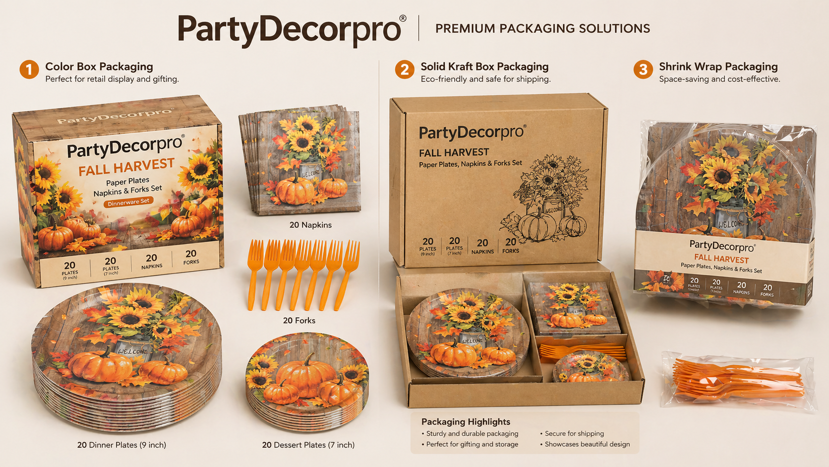 Autumn pumpkin sunflower disposable tableware set packaging solutions with color box kraft box and shrink wrap bundle presentation